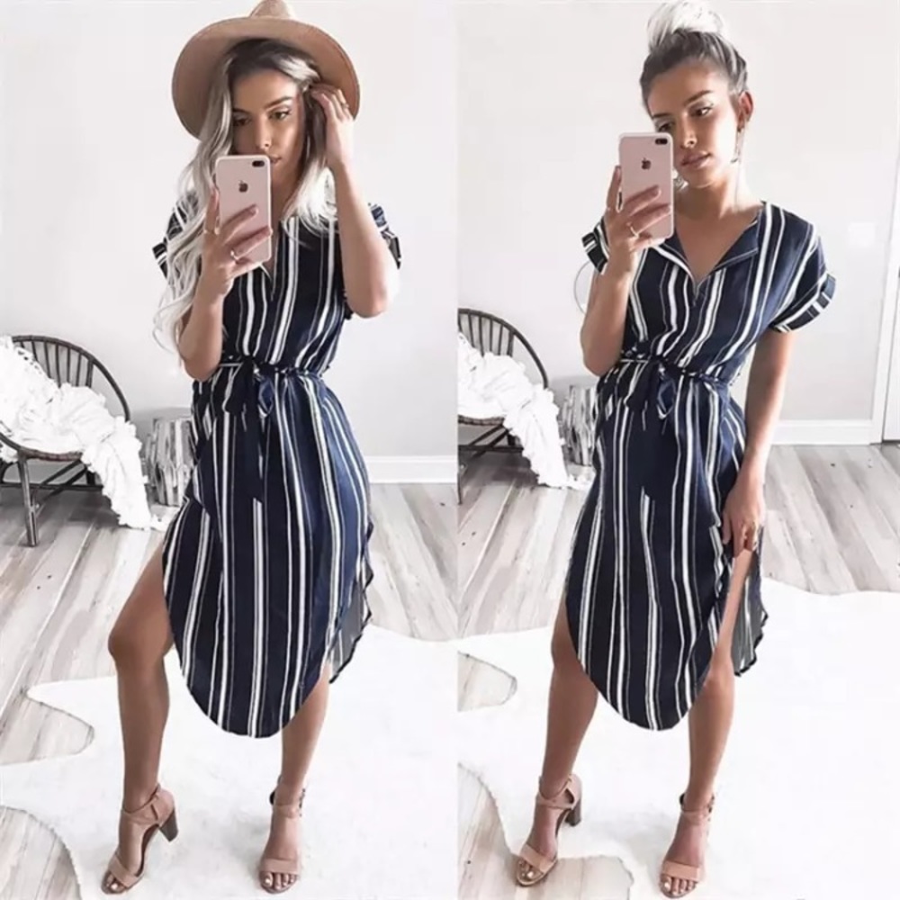 Navy and white striped shirt dress